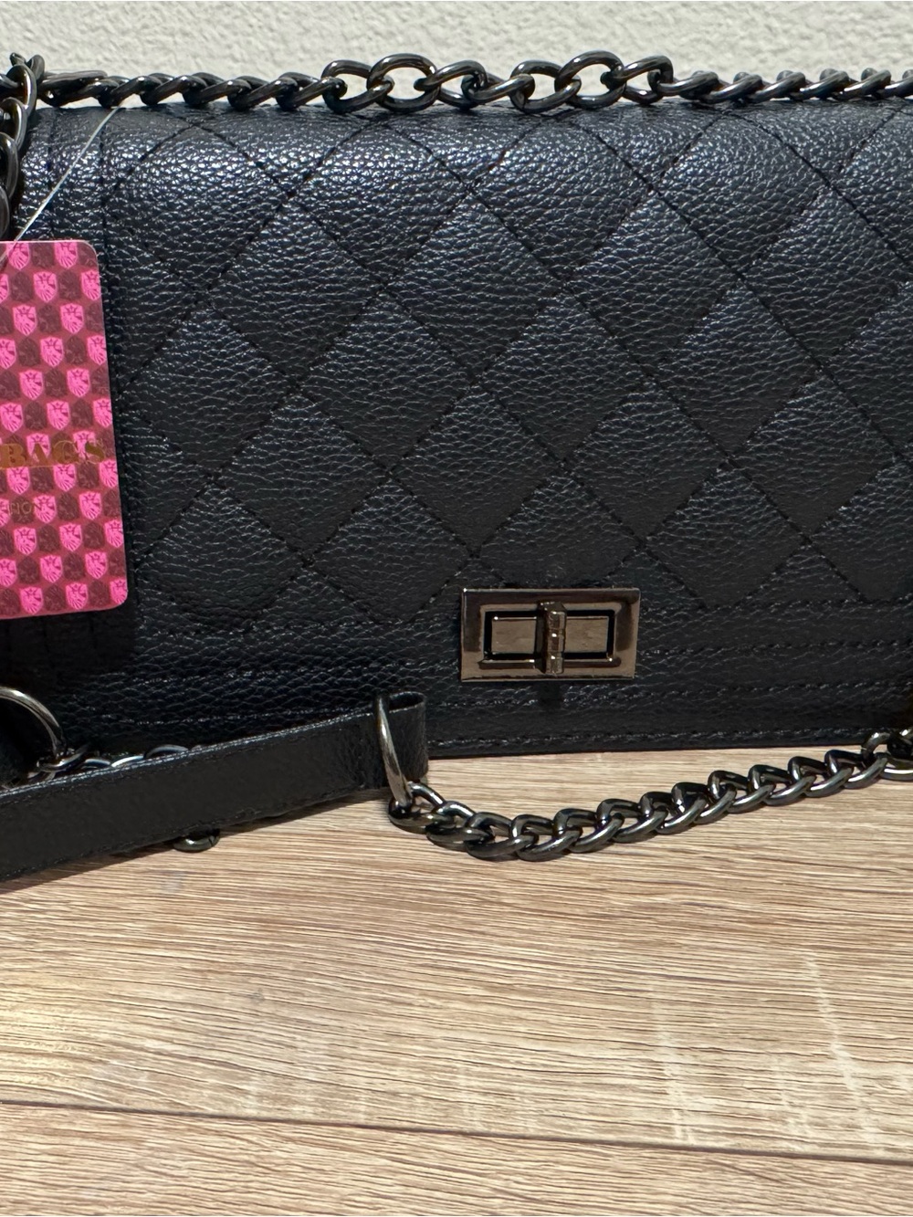 Quilted Black Leather-Look Chain Crossbody Bag